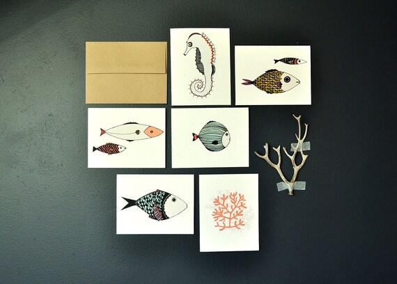 Set of 6 Blank Notecards with Underwater theme