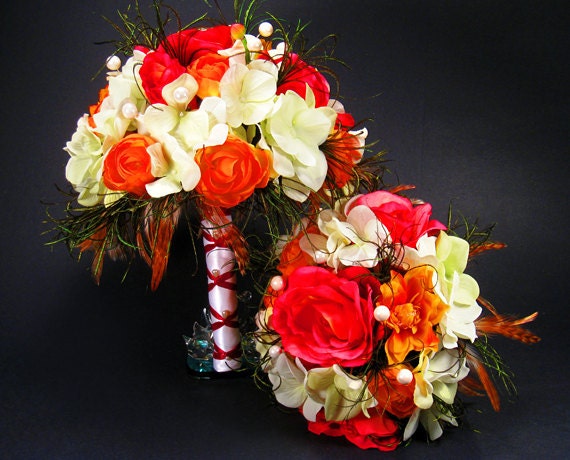 2 Feather wedding bouquets bridal ivory orange dark fuchsia pink silk 