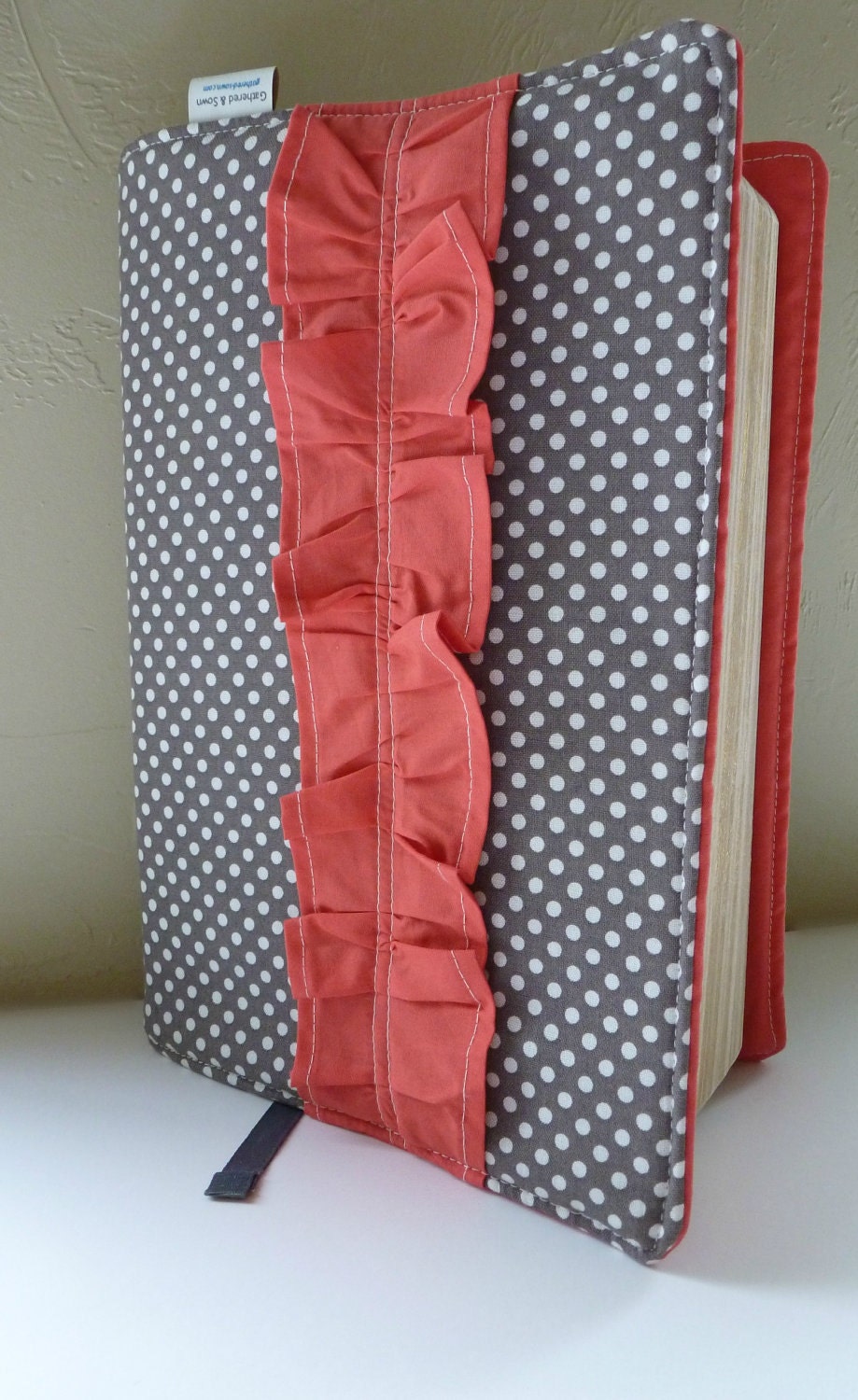 Grey/WhitePolka Dot and  Salmon Ruffle Bible Cover- Made to Order