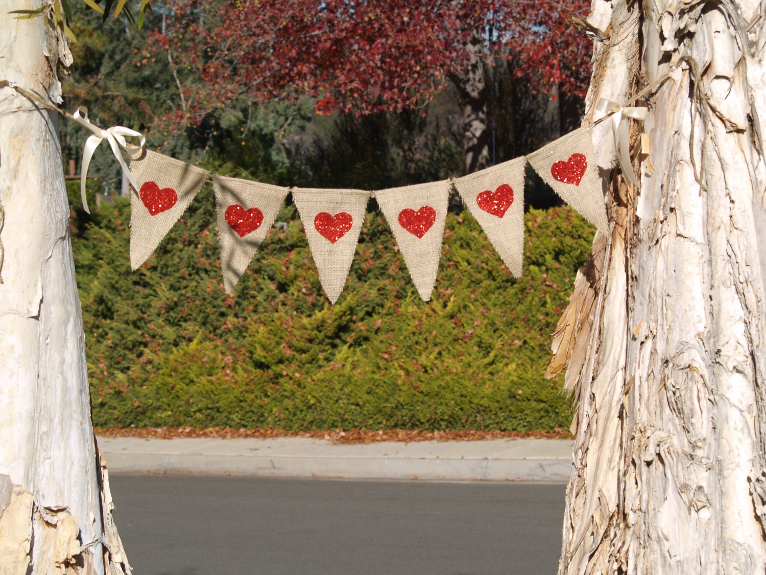 HEART red glitter Burlap Banner - Valentine garland - Wedding - Ready to ship