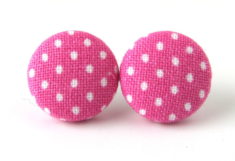 Pink white polka dot stud earrings button spring bright happy pin up