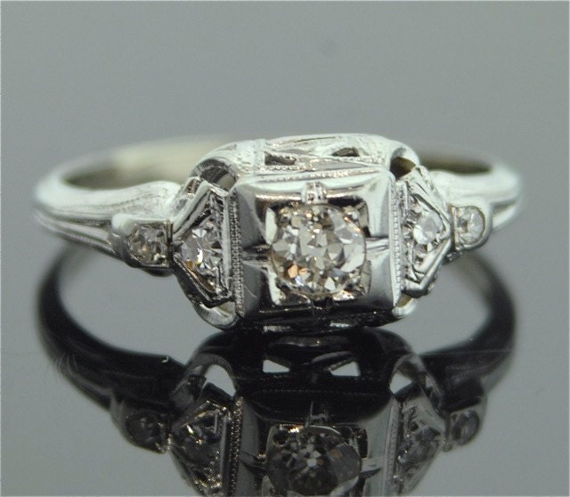 1920s Engagement Ring 18k White Gold and Diamond Ring From SITFineJewelry
