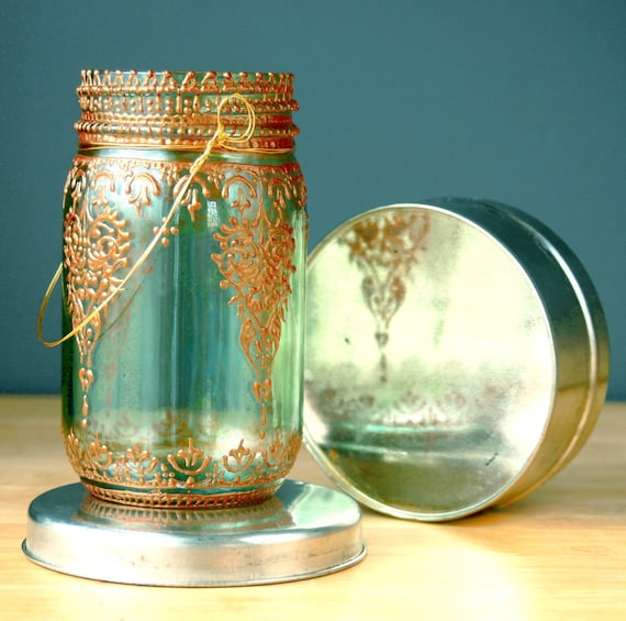Custom Designed Aqua Glass Mason Jar Lantern with Copper Detailing