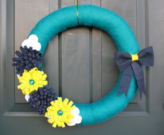 Spring Wreath, 18" Lemon-Lime and Teal with Glass Beads and Pearl Felt Flowers, Yarn Wreath