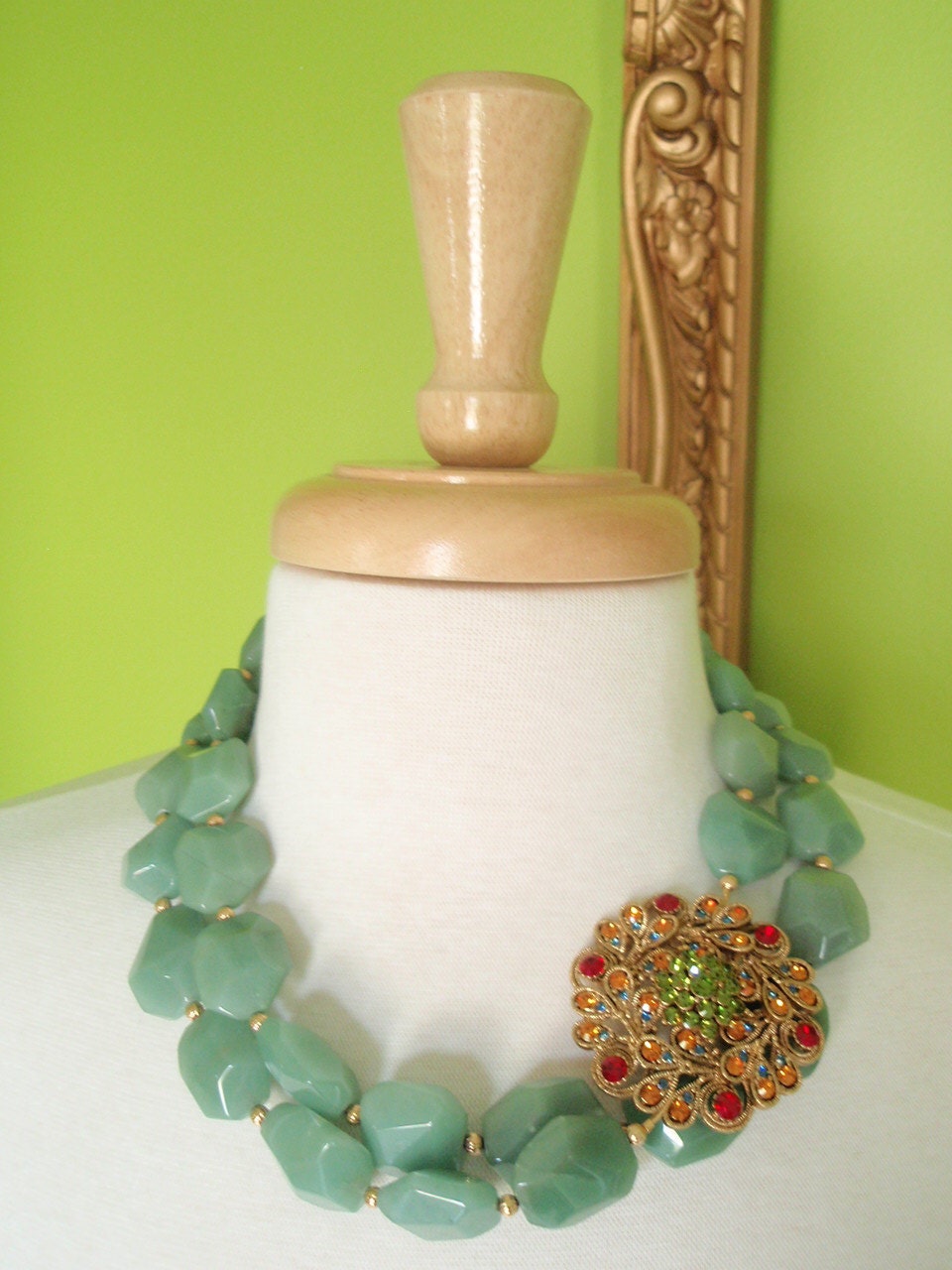 ELLIEANNA - Double Strand Adventurine Necklace with Gold Vintage Brooch