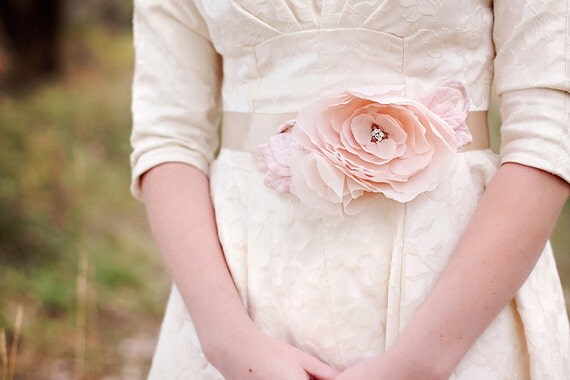 Bridal Gown Sash - blush pink flower bridal gown belt - wedding dress sash - silk velvet - vintage - rhinestones - wide beige ribbon