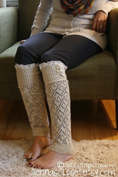 The Lacey Lou-Natural: Open-work Legwarmers with Ivory knit Lace trim & buttons (item no. 3-14)