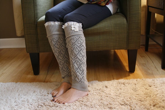 The Lacey Lou-Light Grey: Open-work Legwarmers with Ivory knit Lace trim & buttons - Leg warmers (item no. 3-13)