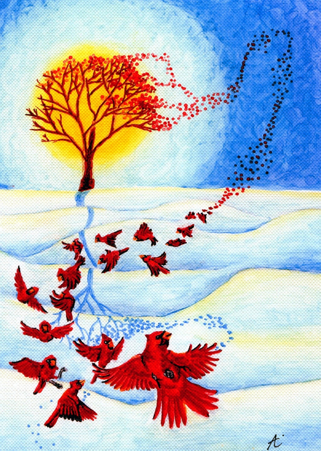 Cardinals Card, Winter Snow, 5x7 Art Print