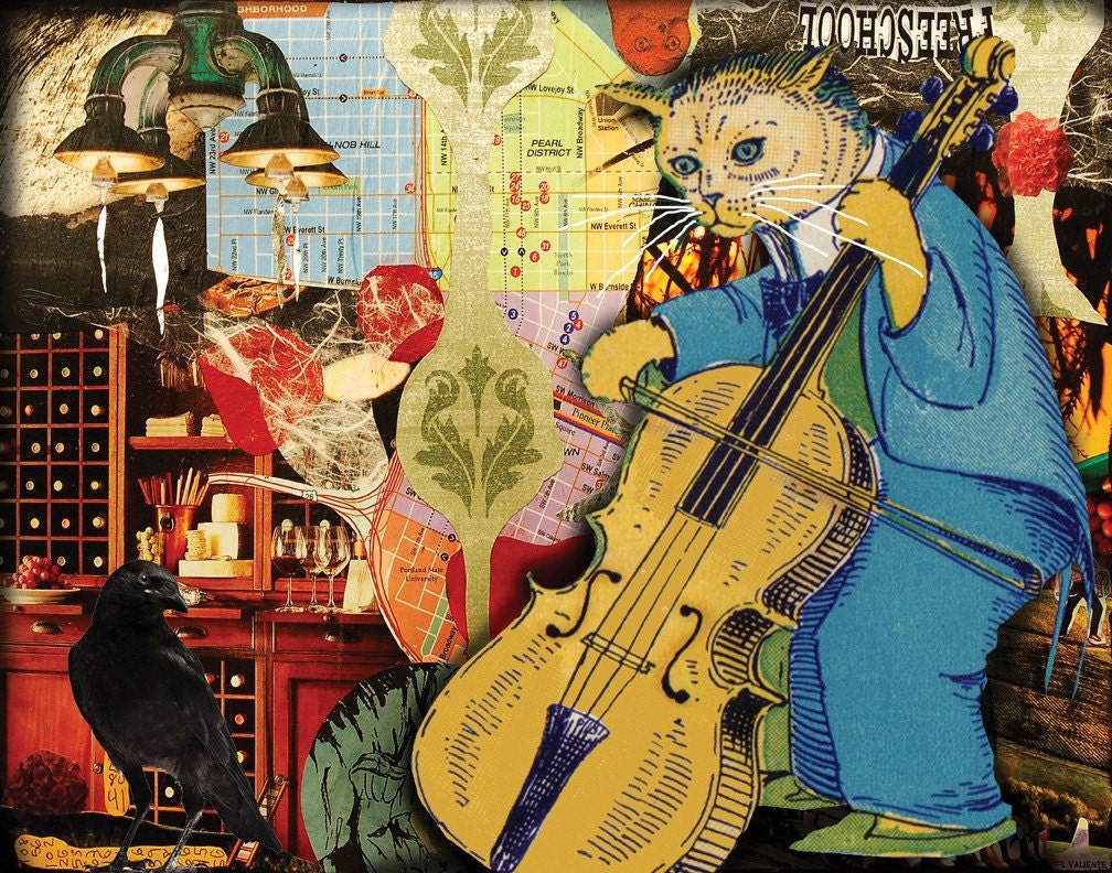Cello Cat Art - Distracted Busker - 11" x 14" Archival Giclee Print