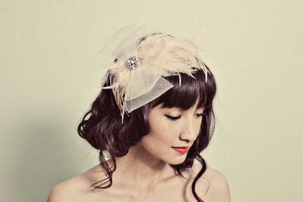 Feather and horsehair crinoline headpiece with rhinestone center- style 119