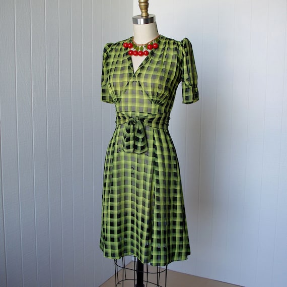 vintage 1940's dress ...amazing sheer black and chartreuse pin-up dress with fabulous shirring and mesh puffed sleeves