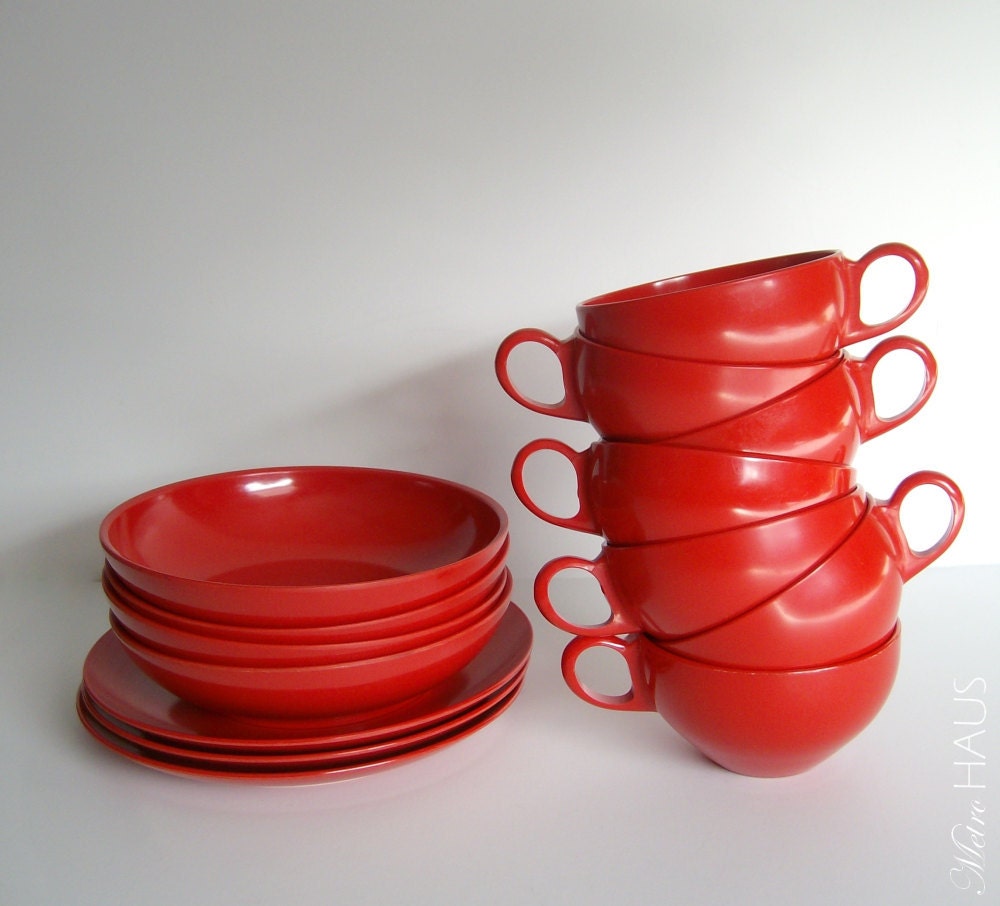 16pc Vintage Red Melmac Set "Boonton" - Bowls Cups Plates - Snack Set Retro Atomic