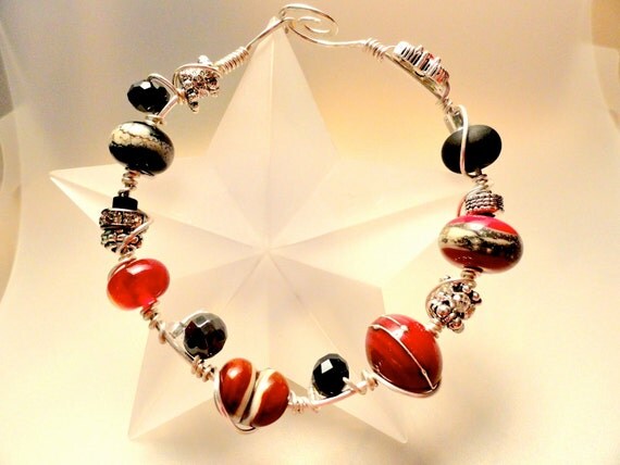 Wicked Heart Red & Black Bracelet Wire Wrapped Argentium Silver