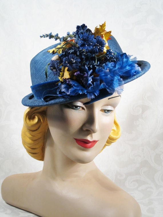 Vintage Hat 1940s Helen Joyce Slate Blue Straw Derby with Flowers