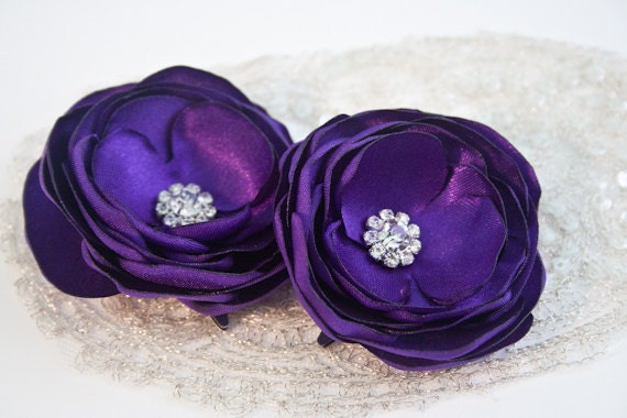 Royal Purple Wedding Flower Hair Clips With Rhinestones Purple Bridal Hair