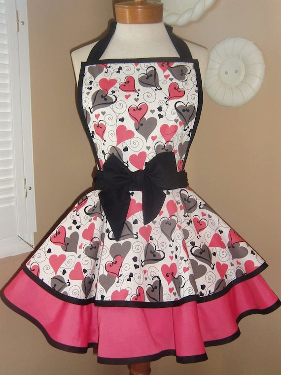 Valentine's Swirly Heart Print Womans Retro Apron With Tiered Skirt And Bib