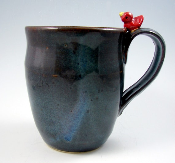 Blue GRANDMA Mug with Red Bird / Ready to Ship / Handmade Pottery Wheel Thrown Stoneware Clay