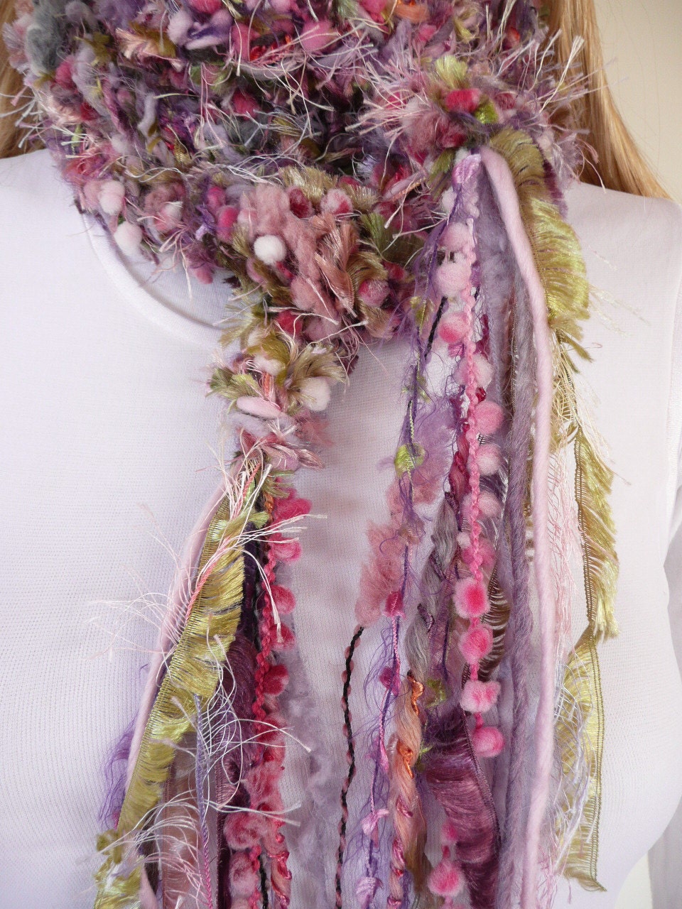 Crochet long skinny scarf - purple pink green - 11 beautiful yarns - long scarf with tassels - quality winter fashion - OOAK