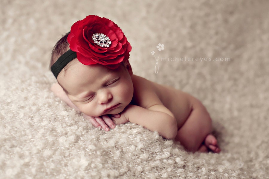 Red and Black Flower Headband with Rhinestones..Baby Girl Red Flower Headband..Large Flower Headband..Baby Headband..Baby Flower Headband