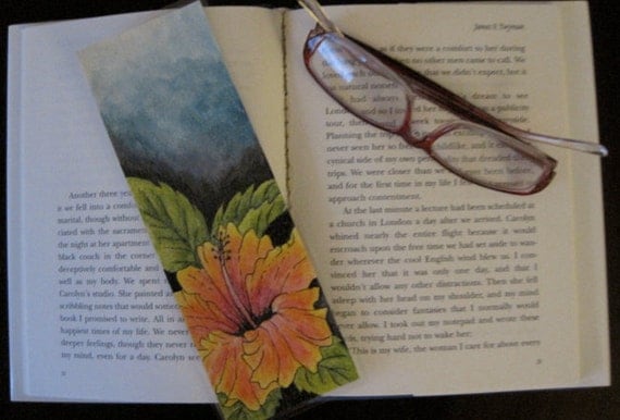Handmade Original Artwork, One of a Kind Bookmark, Peachy Pink Hibiscus Flower Watercolor Painting