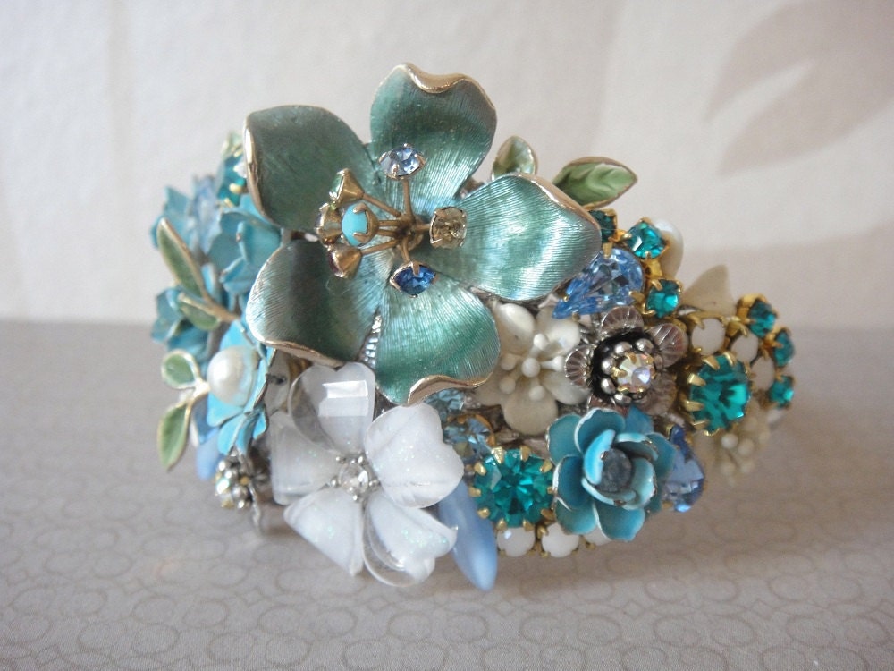 Bridal cuff bracelet in peacock blue and white - vintage shabby chic style - repurposed statement art - flowers wrist corsage
