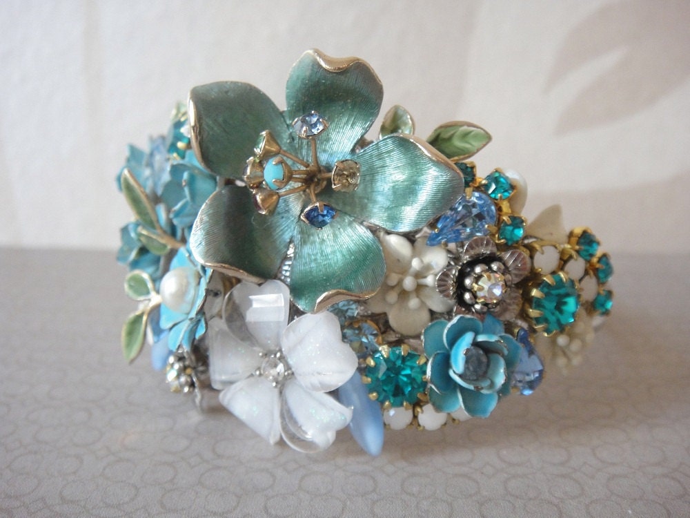 Bridal cuff bracelet in peacock blue and white vintage shabby chic style