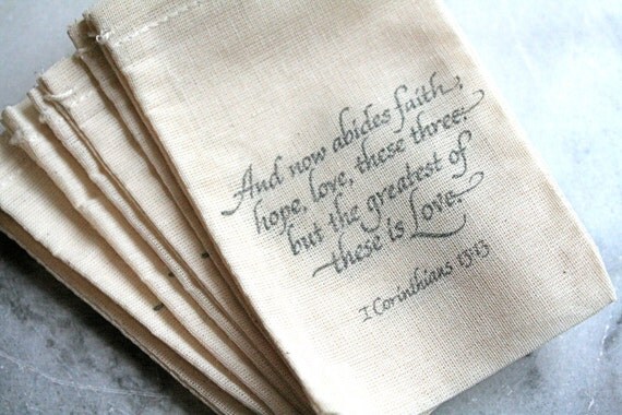 Wedding favor bags, muslin, 3x5. Set of 100. I Corinthians script in black on natural white cotton.