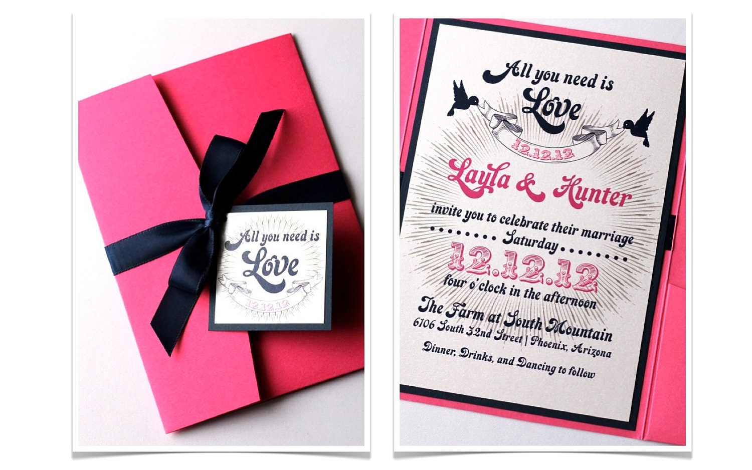 Layla Pocket fold Wedding Invitation Sample Hot Pink Navy Blue and White