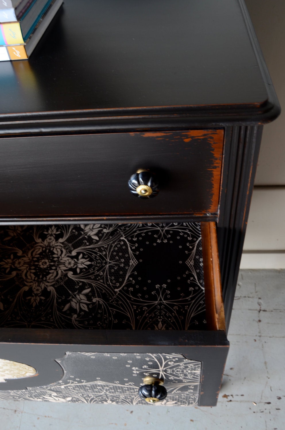 RESERVED LISTING for Charity: gerda- painted chest with wallpaper insets