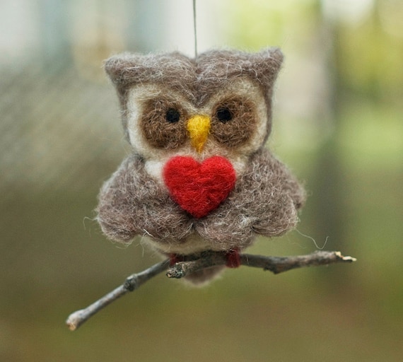Needle Felted Owl Ornament - Valentine Heart