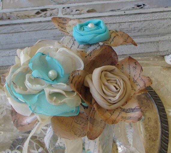 Fabric Flowers Turqouise,  Cream and Beige  Set of 3 by My Broken Art on Etsy