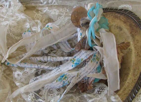 Fabric Flowers Turqouise,  Cream and Beige  Set of 3 by My Broken Art on Etsy