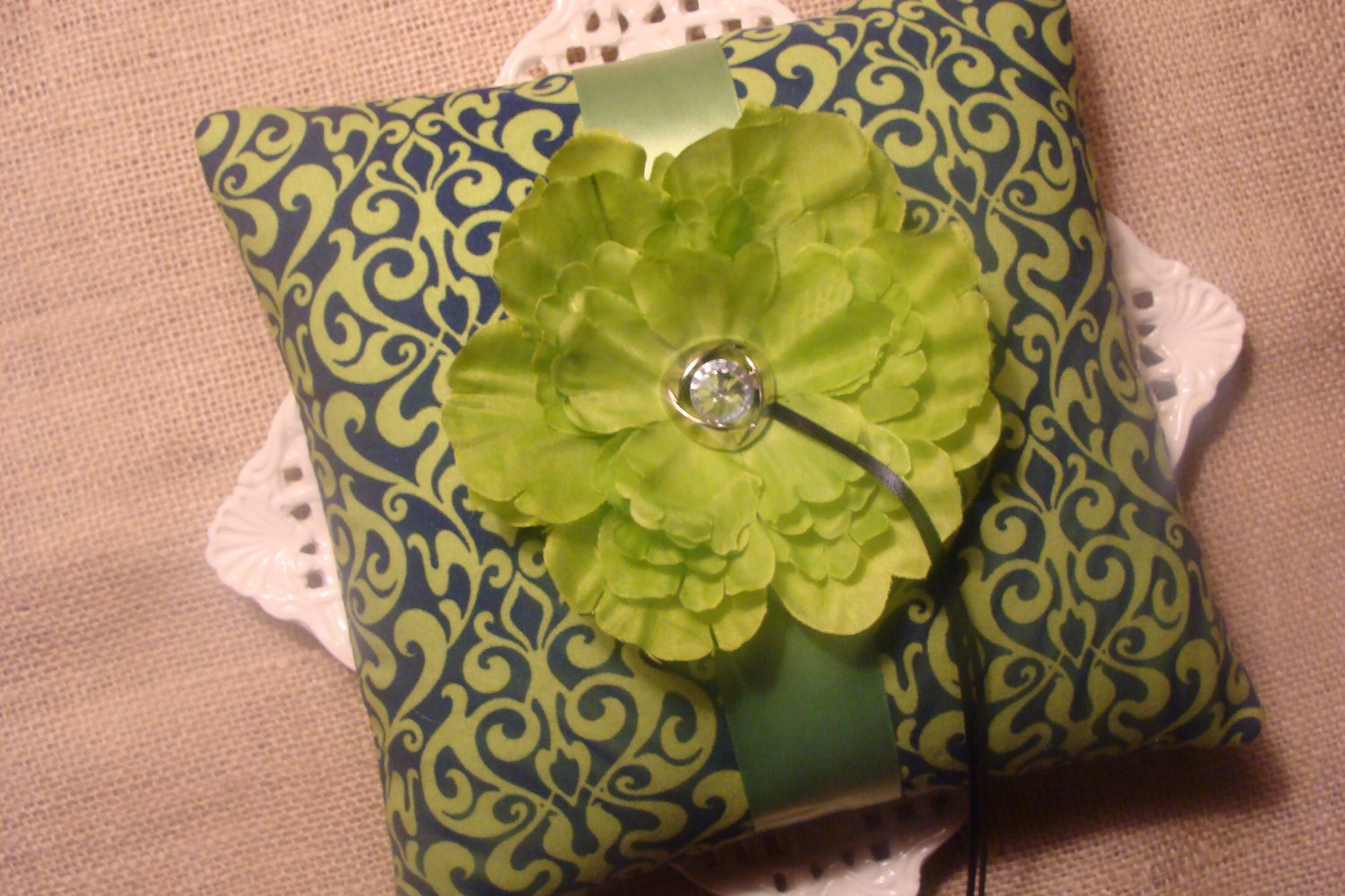 Wedding Ring Bearer Pillow Lime Green Peony on Navy Blue Lime Green 