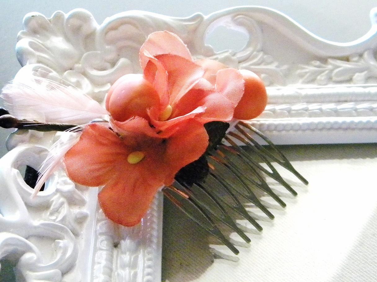 Vintage Coral Tangerine Flower and Feather Hair Comb