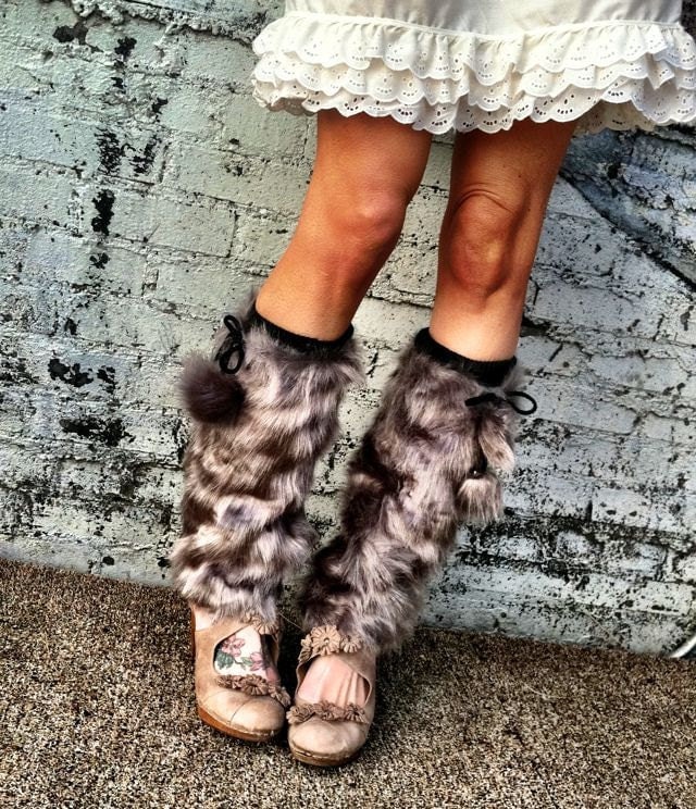 Faux Fur Leg Warmers - silky Grey Rabbit Fuzzy Boot Cover Socks Legwarmers with pom poms