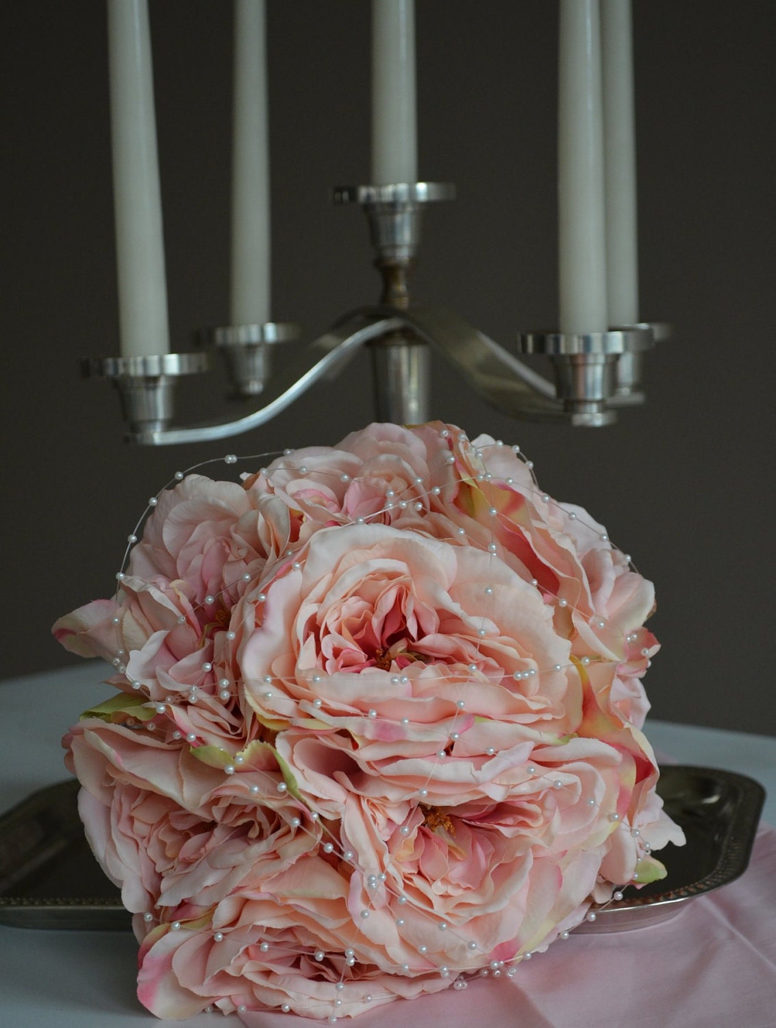 Garden Fresh Premium Rose Hand Tied Wedding Bouquet in Pink Gray with 