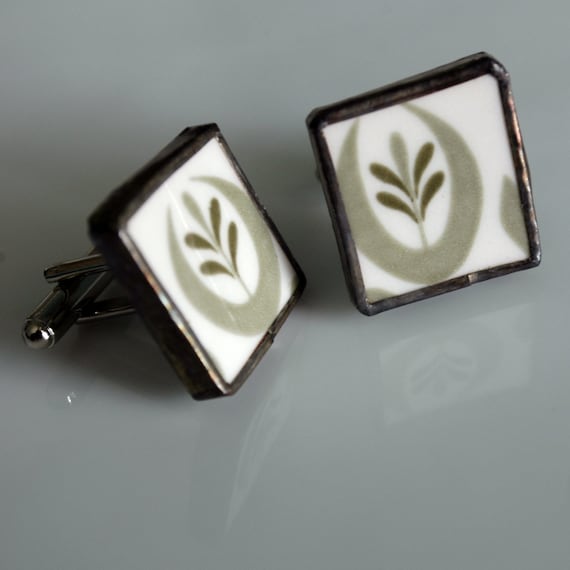 Broken Plate Cuff Links - Green Olive - Recycled China