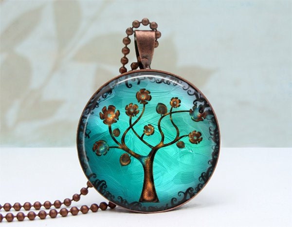 Copper Tree Necklace - Glass Dome Pendant Vintage Copper, Picture Pendant, Photo Pendant, Art Pendant by Lizabettas
