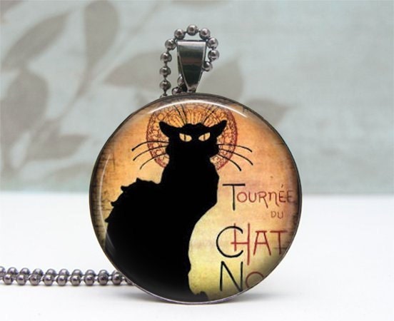 Black Cat Necklace - Glass Dome Pendant - Gunmetal