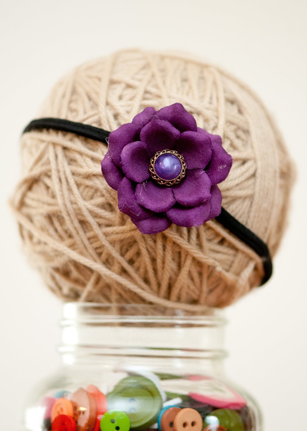 Purple Button and Flower Headband