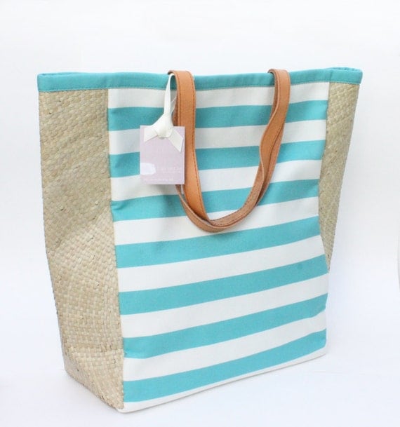 Striped Tote in Turquoise and White French Stripes - tullerie