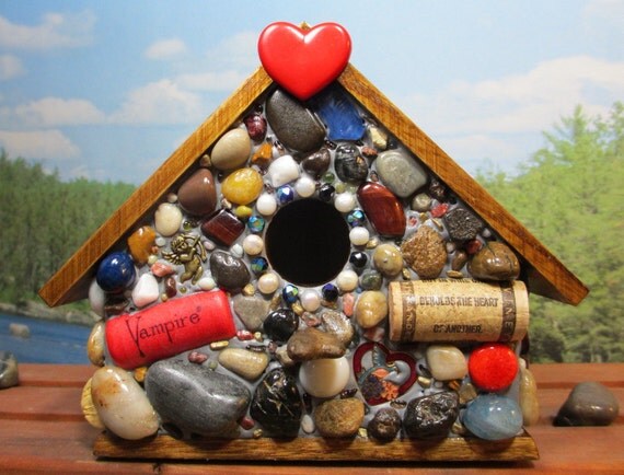 Birdhouse Mosaic with wine corks and love