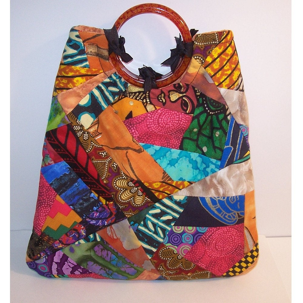 Miss Sassy, Crazy Quilted Purse, Patchwork African Prints Batik Fabric Tote Bag