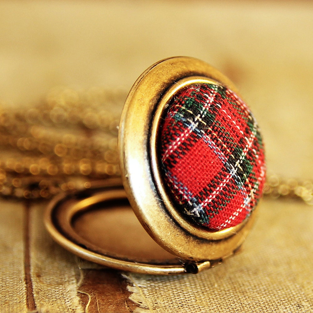 Red Plaid Locket - Vintage Red Plaid Button Locket Necklace