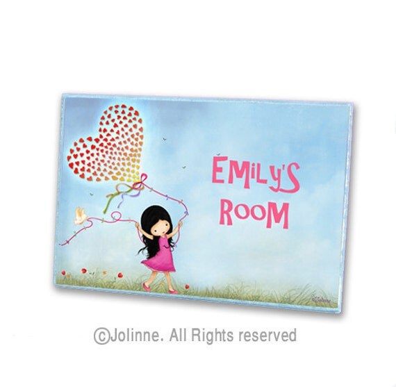 Personalized children door sign for kids room , nursery decor, customized name , girl with hearts balloon