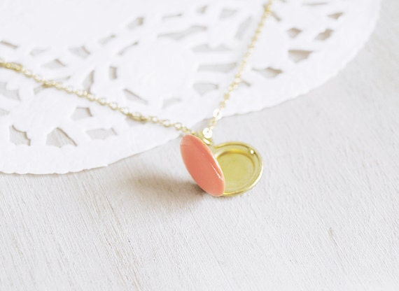 Coral Enamel Charm Locket -16k Gold Plated Necklace