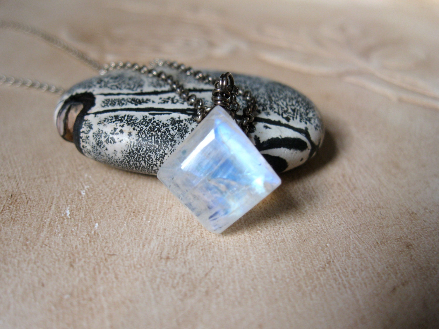 Rainbow Moonstone, Oxidized Silver Necklace