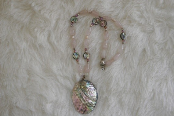 Rose Quartz Teardrops and Abalone Pendant Necklace