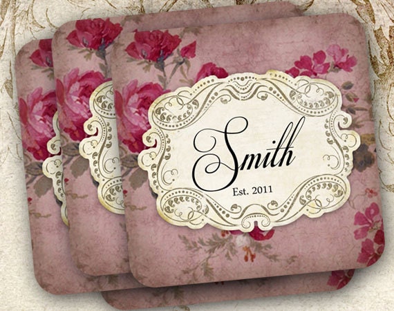  coasters with aged rose wallpaper background for holiday decorating 